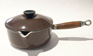 Le Creuset France Cast Iron Enamel Brown Wood Handle Saucepan Vtg 18 1.  5 Quart