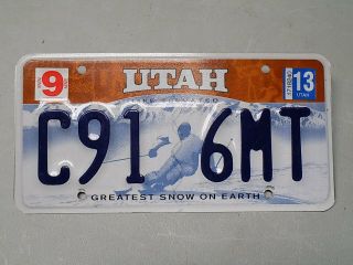 2013 Utah License Plate C91 6mt Greatest Snow On Earth Skier Fastfreeship A