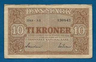 Ww2 Denmark 10 Kroner 1944 P - 36 Ser.  No.  Prefix Ab Vintage Danish Eto Banknote