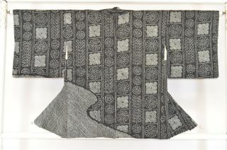 Vintage Silk Kimono Jacket:fully Shibori Black Chrysanthemum/mist@ky50