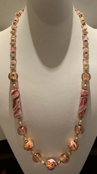 Vtg Venetian Murano Glass Bead Necklace White Gold Pink 27”