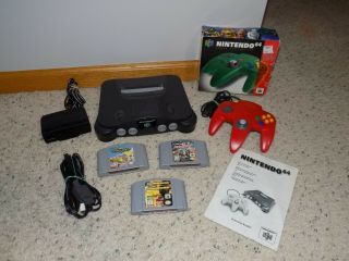Vintage Nintendo 64 Video Game Console 1 Red Controller 3 Games Cords Wcw Crus 