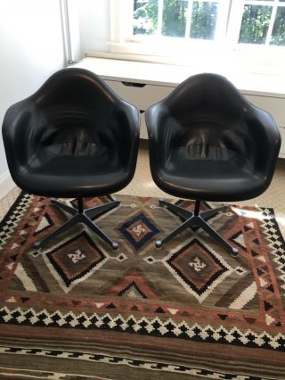 Vintage Herman Miller Eames Arm Shell Leather Swiveling Chair Pair Mid Century
