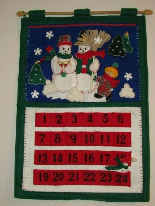 Vintage Christmas Snowman Advent Calendar On Wooden Rod 26 " Tall