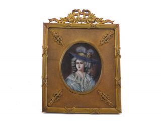 Antique 19th Century Portrait Miniature Painting Lady In Feather Hat Gilt Frame