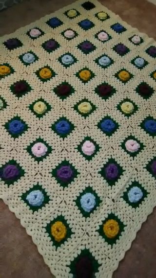 Vintage Handmade Crochet Afghan,  3d Rose Granny Square
