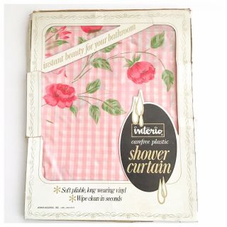 Vintage Vinyl Shower Curtain Pink Flowers Gingham Floral Flowers 72” In Package