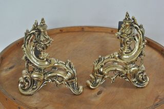Antique 19th Century Ornate French Brass Chenets Fire Dogs Andirons
