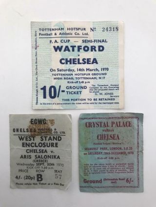 3 Vintage Chelsea Ticket Stubs Watford Fa Cup Aris Salonika Crystal Palace