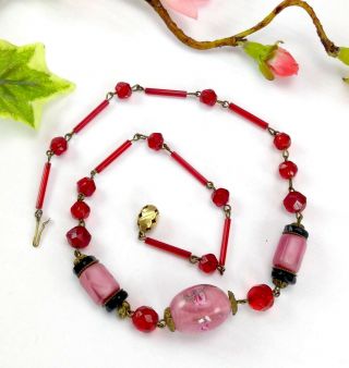 Antique / Vintage Art Deco Wired Czech Glass Bead Necklace - Red & Pink