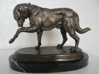 V Chemin Fine Signed French Bronze Figure Sculpture - Dog Licking Wound (22cm)