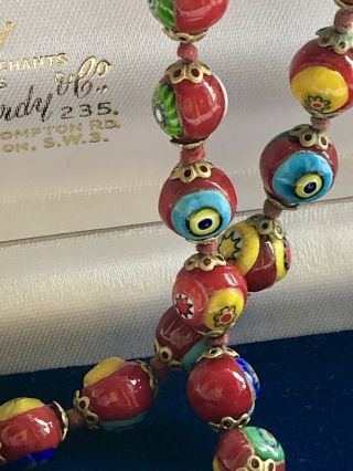 Vintage Murano Glass Millefiori Bead Necklace 18” Red Blue Yellow Hook Clasp