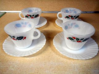 4 Vintage Cup And Saucer Termocrisa Mexico Christmas Holiday Holly Pattern
