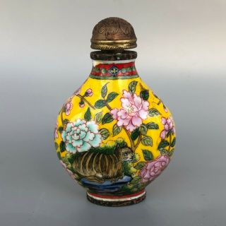 Chinese Old Cloisonne Collectible Vintage Handwork Flowers & Cat Snuff Bottle P3