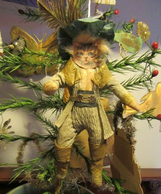 Antique German Cotton Batting And Crepe Paper Puss And Boots Ornament