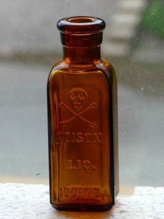 Old Vintage Amber Poison Bottle With Skull & Crossbones