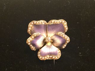 Antique 14k.  Gold Diamond & Seed Pearl Enemal Purple & White Pansy Pin