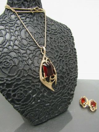 Sarah Coventry Necklace And Earrings Vintage Costume Jewelry Set Amber Stone
