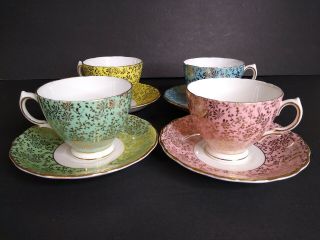 Set Of 4 Vintage Tea Cup And Saucer Gold Chintz Colclough Yellow Green Pink Blue