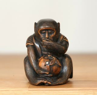 Antique Japanese Carved Boxwood Netsuke Of Monkey,  Signed Masanao,  19th Century.