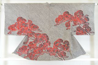 Vintage Silk Kimono Jacket:fully Shibori Black/red Pine Tree Needle@kx95