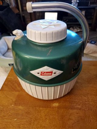 Vintage Green Coleman Water Jug With The Tip Off Handle And Diamond Name Plate