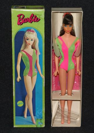 Barbie 1190 1969 Nrfb Barbie Standard Dk Brown Grn Bx 1 Pc Green Rose Swim Suit