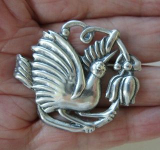 Vintage Bird Brooch Sterling Silver Mexico Sitting On A Floral Branch -