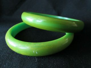 Pair Vintage Green Bakelite Bangle Bracelets Marbled And Center Stripe