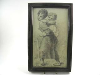 Antique Early 19th Century English School Pencil Drawing Portrait Mother & Child