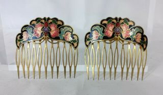 Vintage Pair Metal Butterfly Cloisonne Floral Rose Hair Comb Pick Colorful