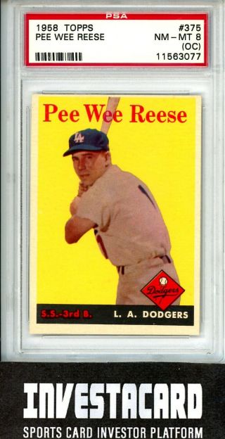 1958 Topps Pee Wee Reese 375 Vintage Baseball Card Los Angeles Dodgers Psa 8 Oc