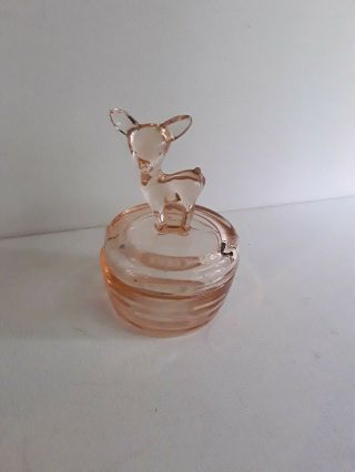 Vintage Pink Glass Powder Jar With Fawn / Deer Lid