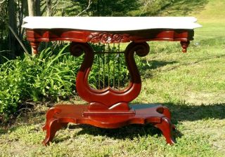 Antique Victorian Mahogany Marble Top Console Harp Table Signed By Victorian