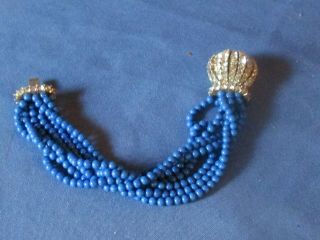 Vintage Signed Ciner Gold - Tone Clear Rhinestone Blue Bead Bracelet For Repair