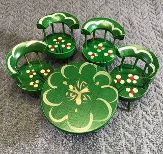 Vtg Dollhouse Miniature Kitchen Hand Painted Green Wood Table & 4 Chairs 810