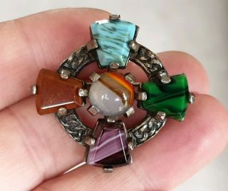 Vintage Miracle Jewellery Scottish Celtic Banded Agate Silver Cross Brooch Pin