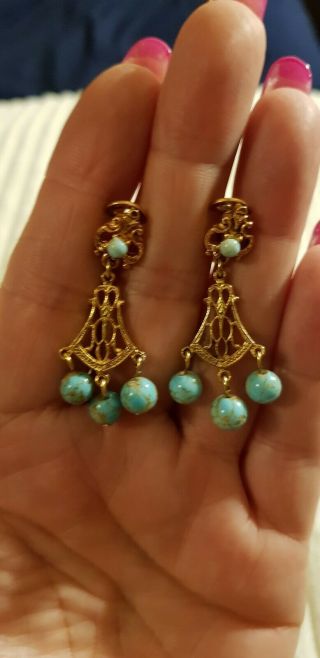 Vintage Gilt Metal And Turquoise Glass Bead Clip On Earrings
