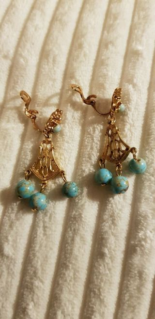 Vintage Gilt Metal And Turquoise Glass Bead Clip On Earrings 3