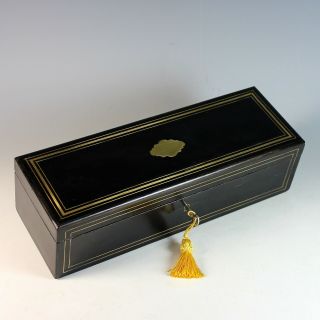 Antique French Glove Box Of Ebonized Wood With Brass Inlays Purple Lining Key