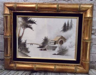 Vintage Hand Woven Silk Wall Art Japanese Bamboo 19 " Frame Sewn Embroidery