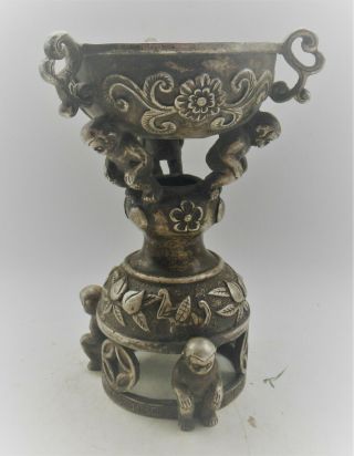 Old Antique Chinese Silvered Chalice With Buddhas