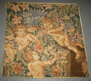 Vintage Needlepoint Pillow Cover Velvet Backing Cherubs And Floral Pattern