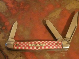 Vintage Purina Kutmaster 3 Blade Pocket Knife Checkerboard Handle 2