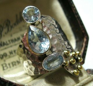 Vintage Style Modernist Sterling Silver Gold Blue Topaz Gem Stone Ring Size P