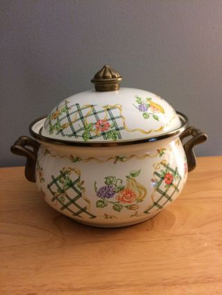 Vintage Floral Enamelware Lidded Pot Pan Brass Handle Cookware
