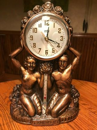 Antique 1934 United Clock Bklyn Ny " Flame Of Life " Nude Figural W/thermometer