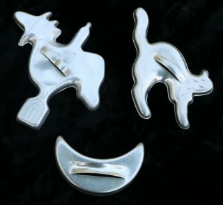 Vintage Halloween Metal Aluminum Cookie Cutters Cat Witch Moon Set Of 3 Htf