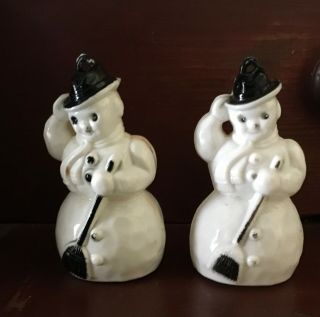 2 Vintage Christmas Snowman Ornaments By Rosbro Plastic Black Trim 1950 