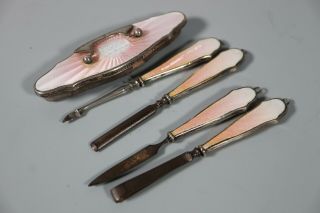 Art Deco Silver & Pink Guilloche Enamel Manicure Set/nail Buffer